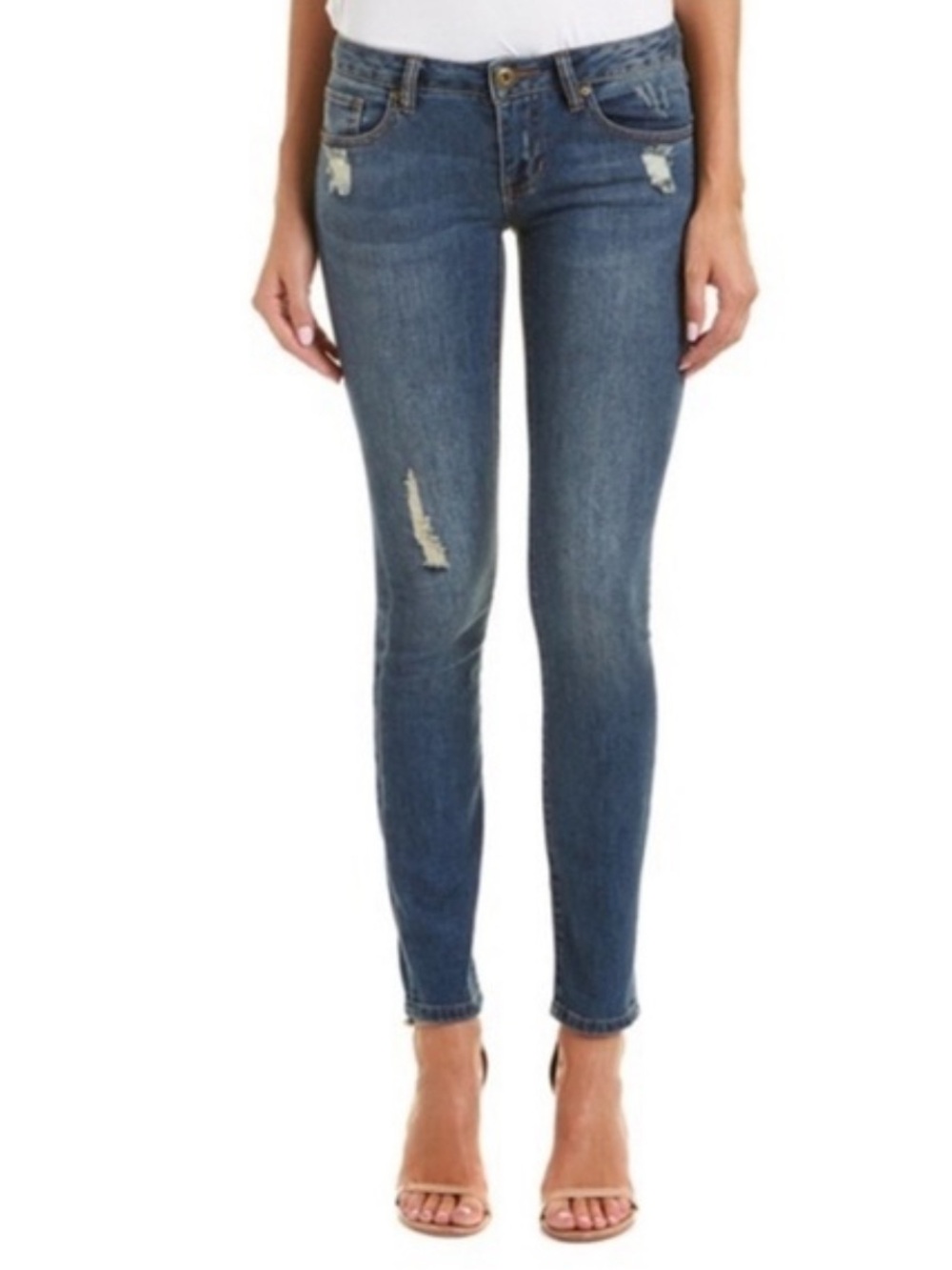 CAbi Women's Skinny Distressed Jeans in Medium Blue